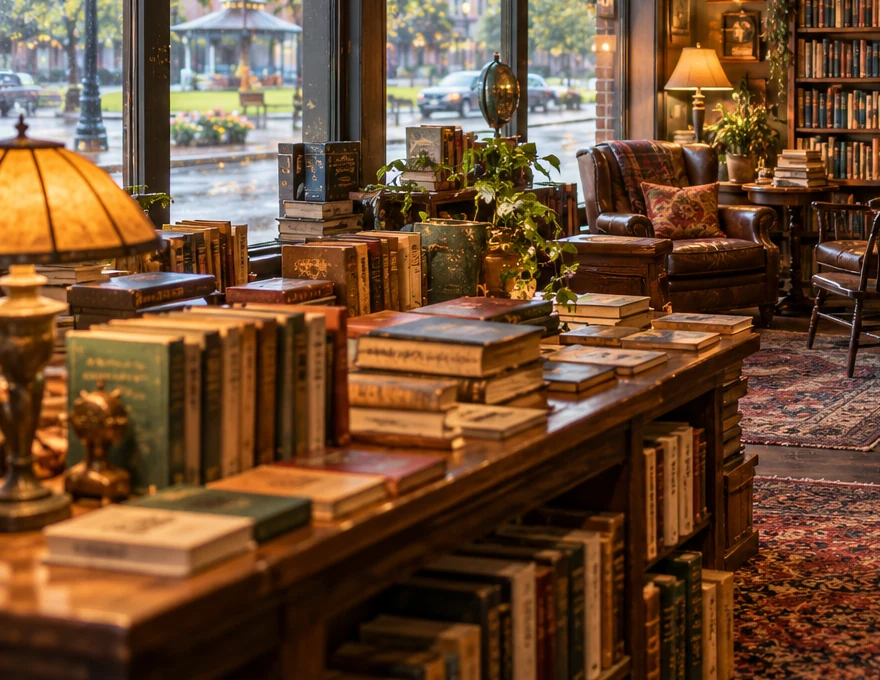 Wooden book table with neatly stacked volumes, a warm lamp and a reading chair