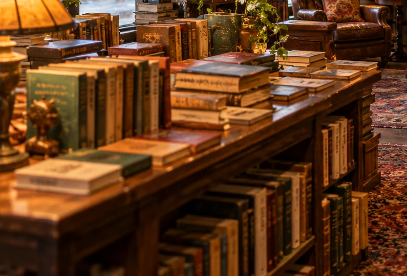 Colorful books stacked on a wooden table