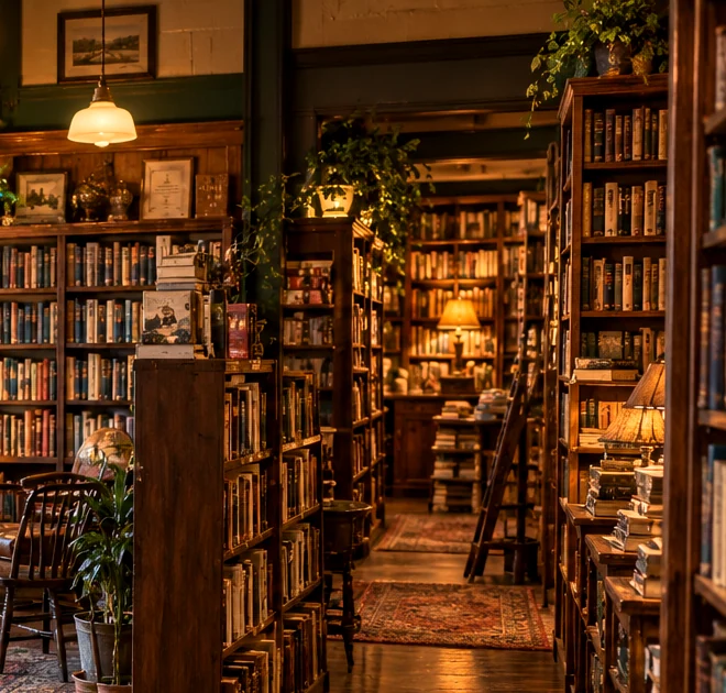 Old hardbound volumes along deep wooden bookshelves