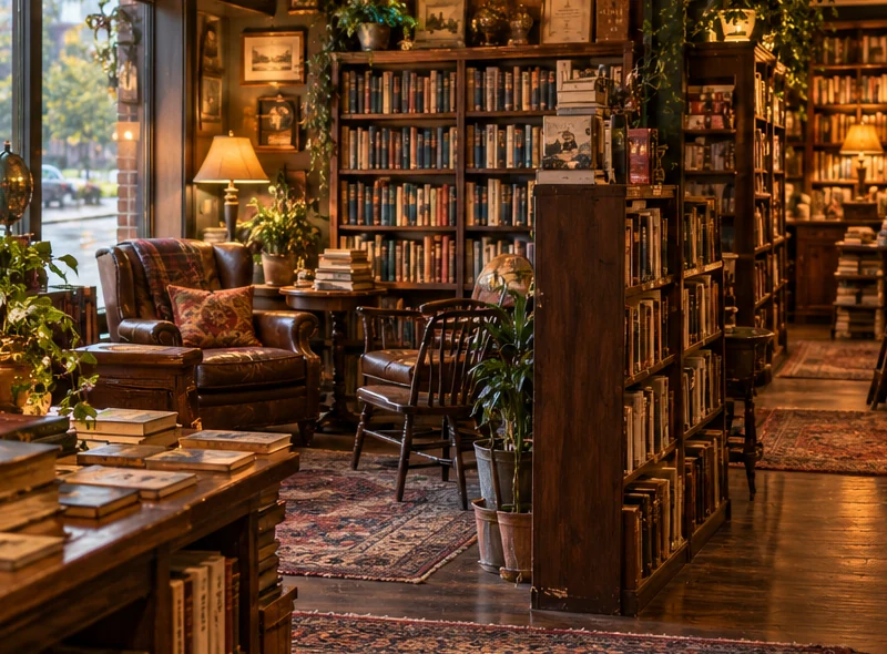 Rows of books lining warmly lit wooden shelves